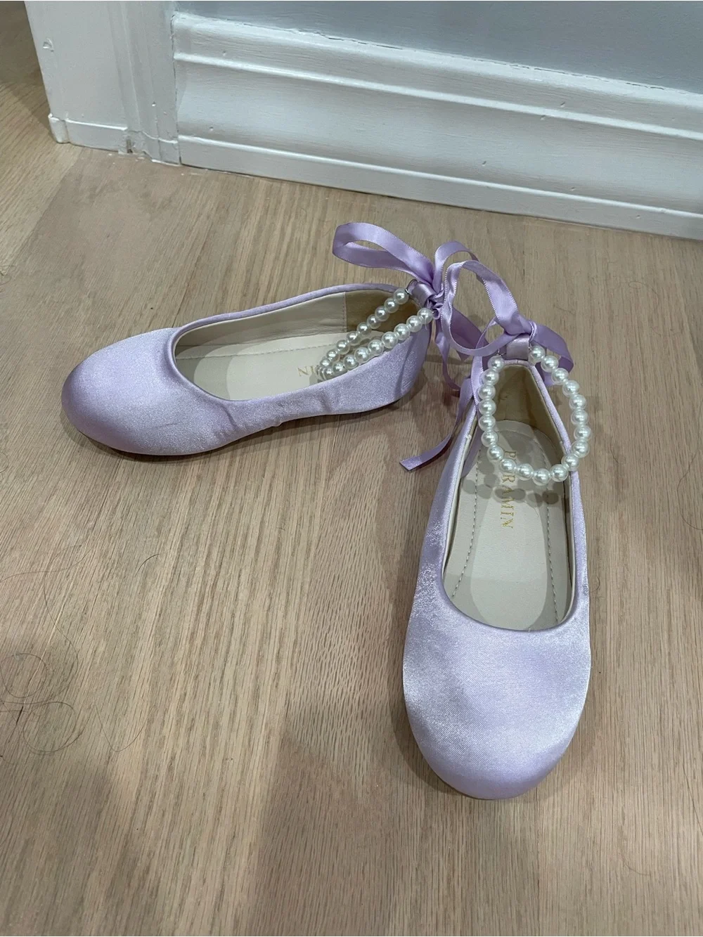Toddler Girls Purple Satin Pearl-Ankle Ballet Flats